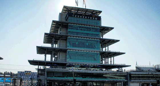The Motor Speedway glass Pagoda control tower from a distance.