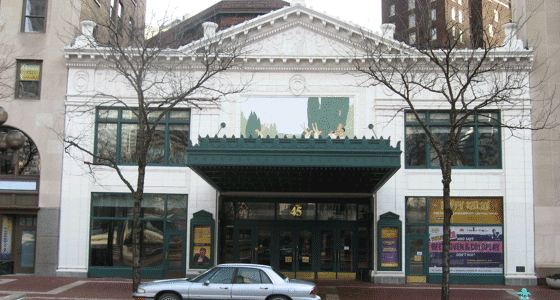 The outside entrance of the Circle Theater from across the street.