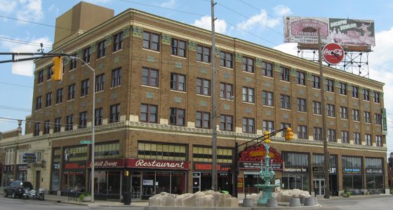 The Fountain Square building, a multi-story building, from a street corner.