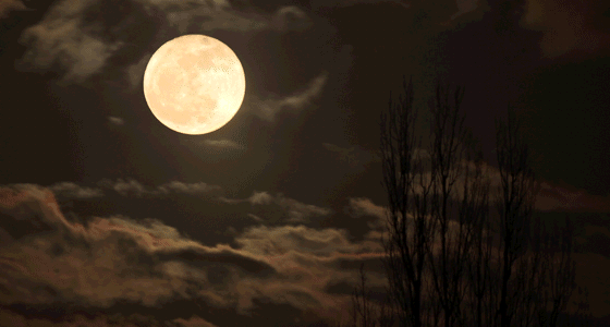 A bright full moon against a cloudy night sky.